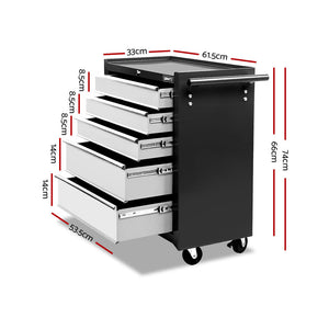 Giantz 5 Drawer Tool Box Cabinet Chest Trolley Box Garage Storage Toolbox Grey