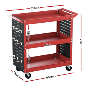 Giantz 3-Tier Tool Cart Storage Trolley Workshop Garage Pegboard Hooks Red