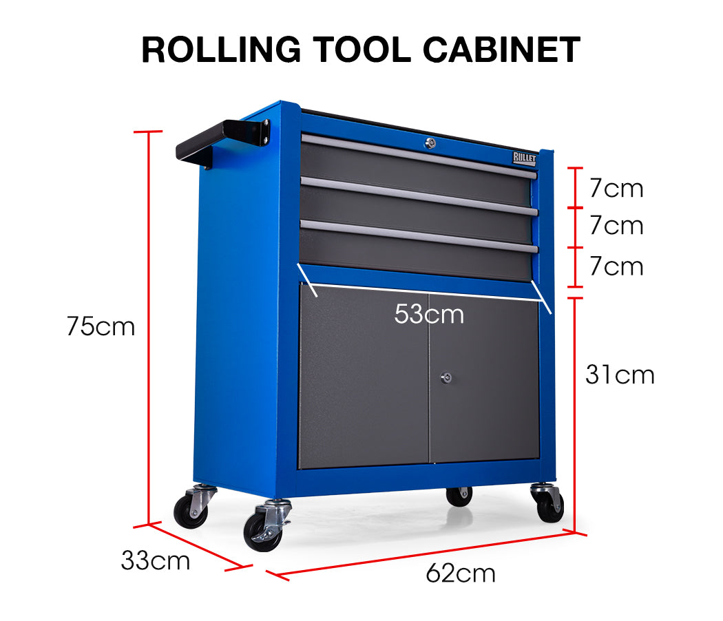 BULLET Tool Chest Cabinet Box Trolley Rolling Wheels Drawer Storage Steel Blue