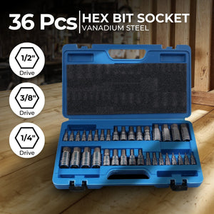 RYNOMATE Hex Bit Socket Set with 1/4" 3/8" 1/2" Allen Key Adapter 34pc RNM-HBS-100-DZ