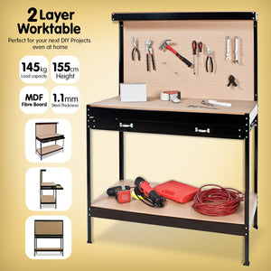 Kartrite 2-layered Steel Work Bench Garage Storage Table Tool Shop Shelf Pegboard Drawer