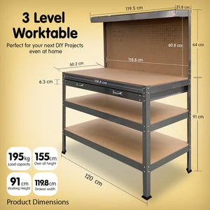 Kartrite 3-layered Work Bench Garage Storage Table Tool Shop Shelf Silver