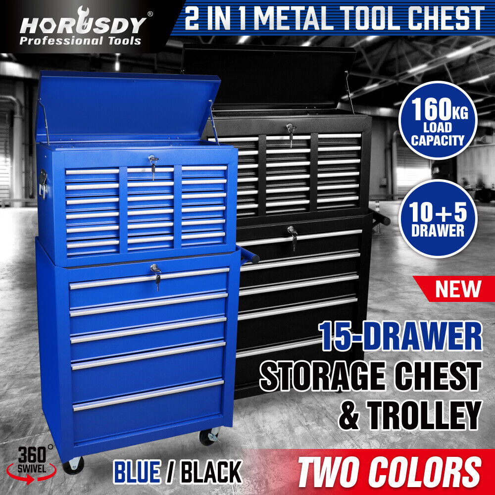 15-Drawer Tool Box Trolley Cabinet - Lockable Storage Cart Garage Toolbox Organizer System