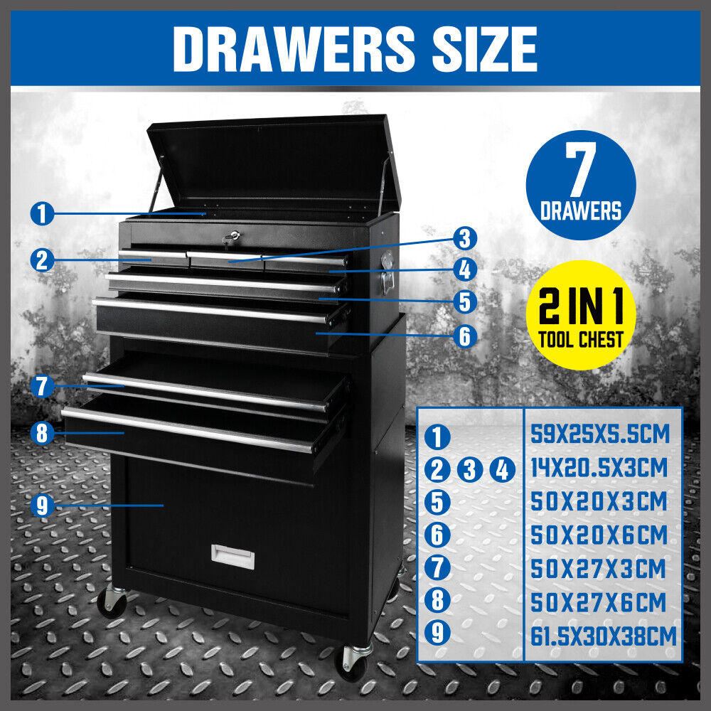 7-Drawer Tool Box Chest Cabinet Trolley - Heavy Duty Toolbox Garage Storage with Lockable Wheels