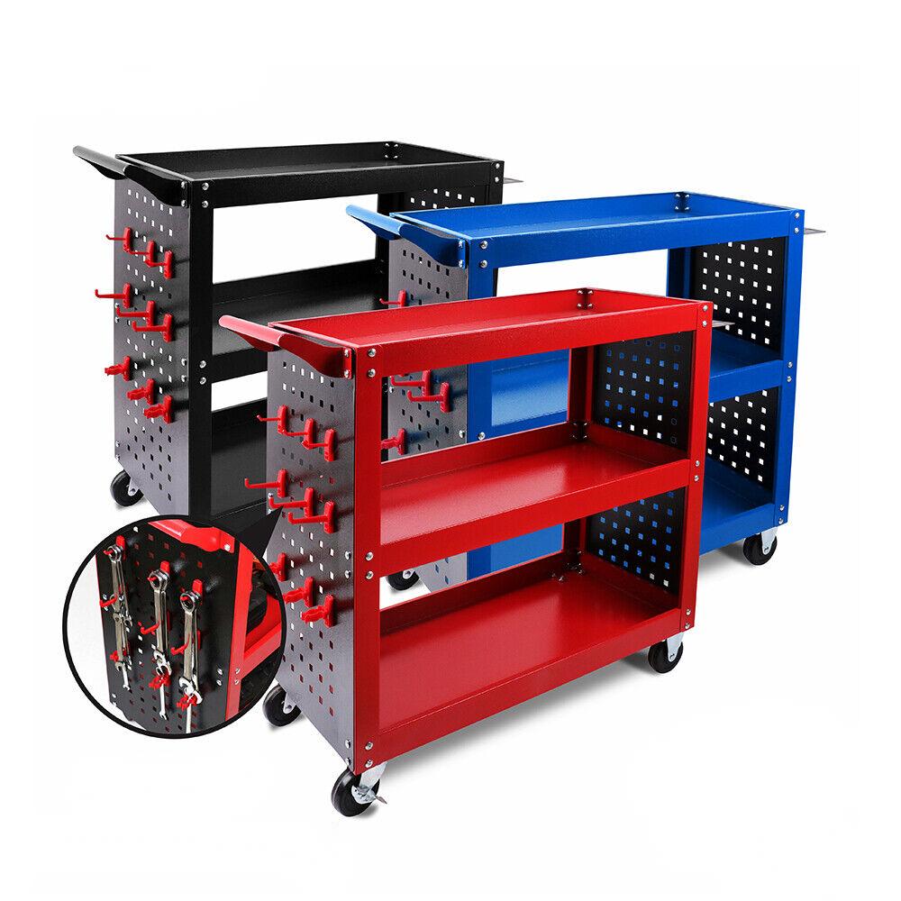 3-Tier Heavy Duty Steel Tool Trolley - Workshop Cart with Pegboard, Hooks and Locking Swivel Casters