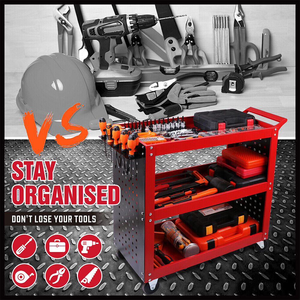 3-Tier Heavy Duty Steel Tool Trolley - Workshop Cart with Pegboard, Hooks and Locking Swivel Casters