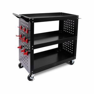 3-Tier Heavy Duty Steel Tool Trolley - Workshop Cart with Pegboard, Hooks and Locking Swivel Casters